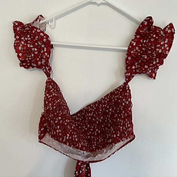 SHEIN? Rust Red White Floral Off the Shoulder Tie Bow Smocked Back Boho Crop Top - Picture 10 of 11